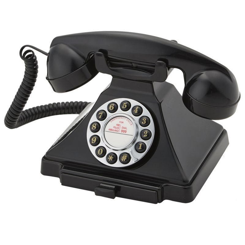 Teléfono basado en el modelo de los años 20s, material: plástico, color  negro, dial botones, con cajón para notas