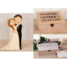 Figura tarta de novios caricia + caja recuerdos con tarjetas mensajes novios. boda 