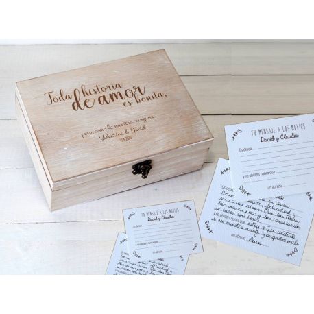 Conjunto de caja madera personalizada con 25 tarjetas impresas "Mis deseos"