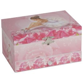 Caja Joyero musical de bailarina con cajón, forma rectangular, color rosa 