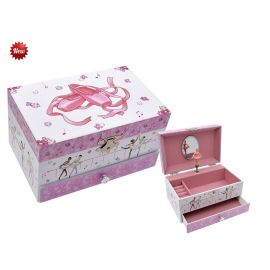Caja Joyero musical de bailarina con cajón, forma rectangular, color rosa 